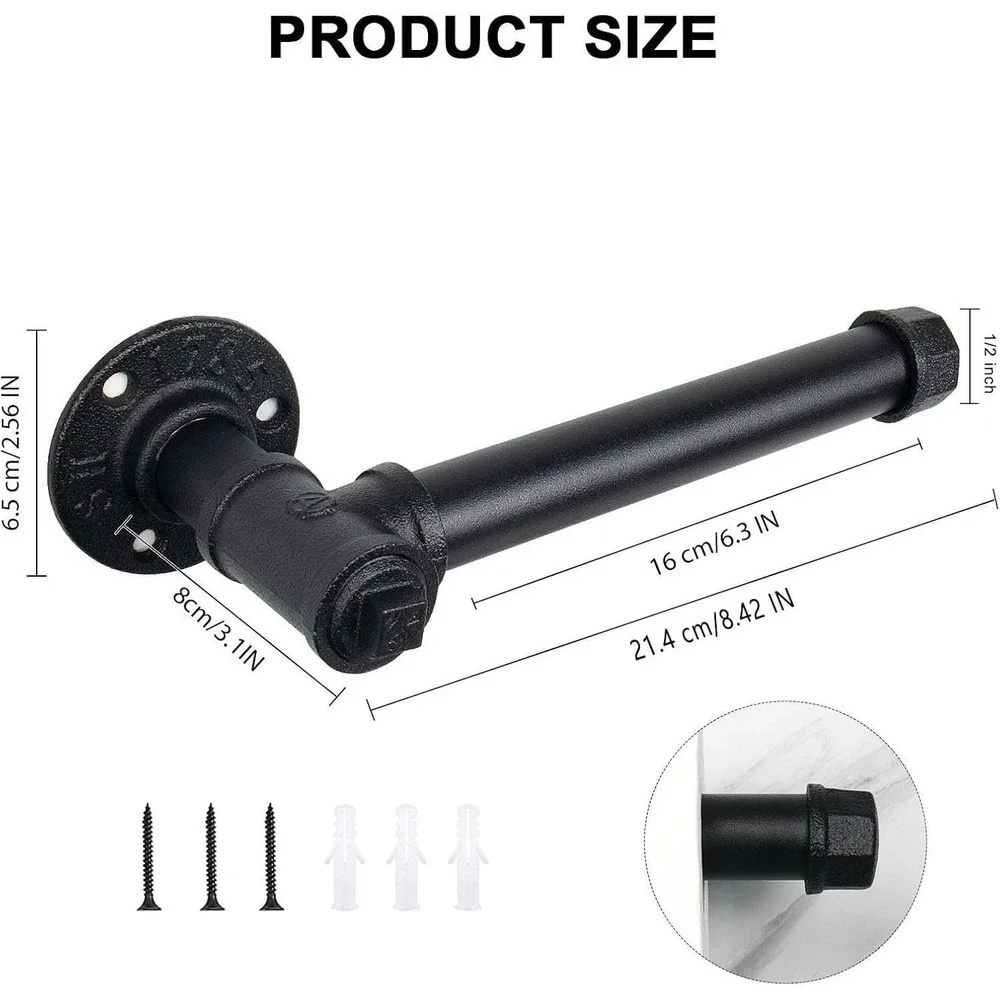 Industrial Black Iron Pipe Toilet Paper Holder Wall Mount Towel Rack Farmhouse